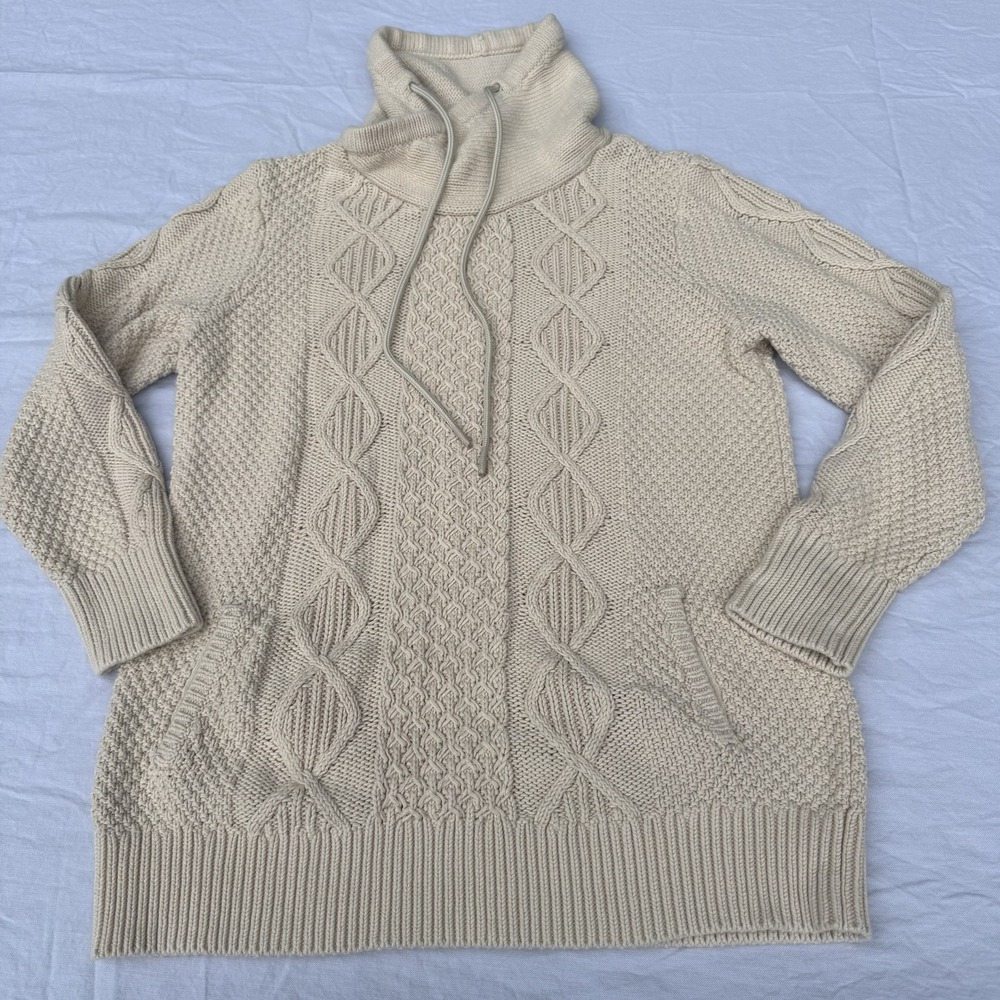 LL BEAN Signature Fisherman Cable Knit Sweater Womens Size Large Cowl Neck Ivory